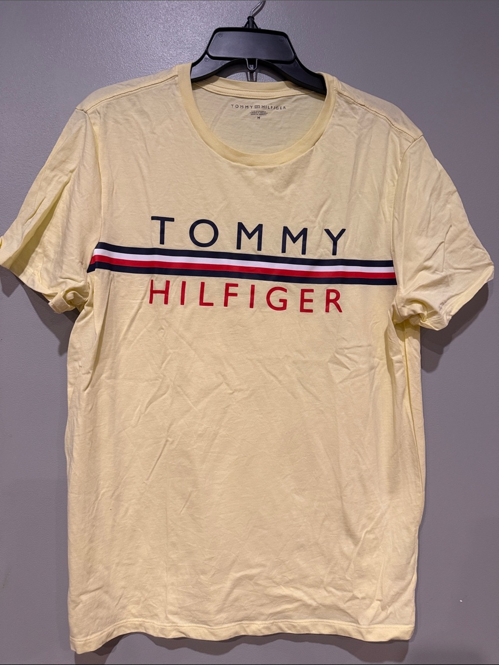 Tommy Hilfiger Pale Yellow Logo Tee with Red, Navy & White Stripes